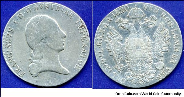 Thaler.
Austrian Empire.
Francisc I (1805-1835).
*E* - Karlsburg mint.


Ag833f. 28,06gr.