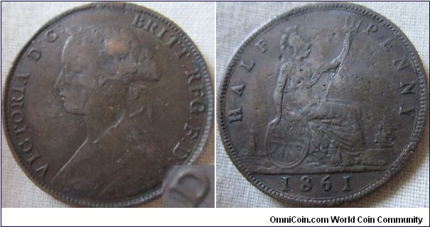 1861 halfpenny, VF details but some damage, possible D over D