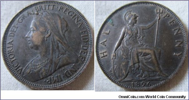VF+ 1896 halfpenny, some lustre on reverse