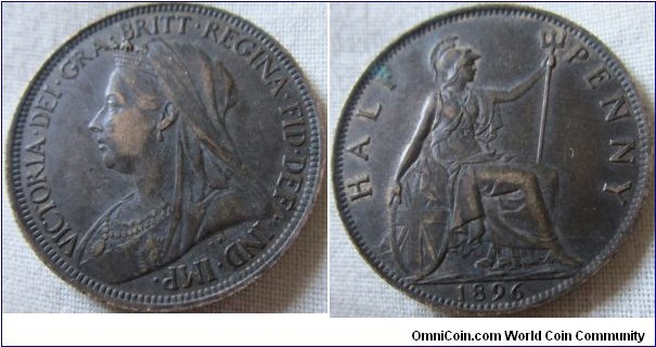 VF+ 1896 halfpenny, some lustre on reverse