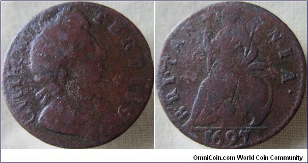 1697 farthing, a superb reverse let down by a weak obverse