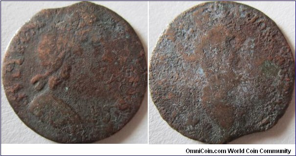 date in legend halfpenny, with clipped planchet bad corrosion sadly