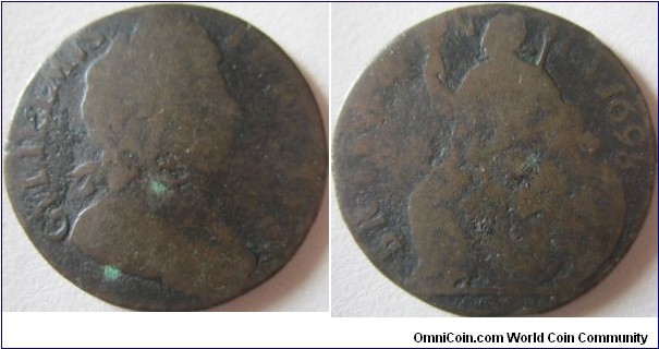 1698 halfpenny, date in legend, clear but worn