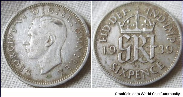 1939 sixpence, F grade