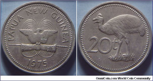 Papua New Guinea | 
20 Toea, 1975 | 
28.65 mm, 11.3 gr. | 
Copper-nickel | 

Obverse: National Coat of Arms, date below | 
Lettering: PAPUA NEW GUINEA 1975 | 

Reverse: Cassowary facing left, denomination below | 
Lettering: 20t |