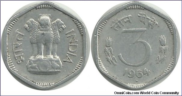 India 3 Paise 1964(B) KM# 14.1 Type 1