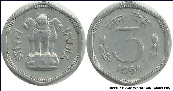 India 3 Paise 1964(B) KM# 14.1 Type 1