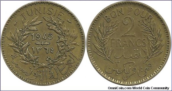 Tunisia 2 Francs 1364-1945