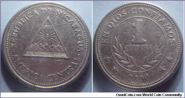 Nicaragua | 
1 Córdoba, 2000 | 
24.87 mm, 6.1 gr. | 
Copper-nickel | 

Obverse: National Coat of Arms | 
Lettering: • REPUBLICA DE NICARAGUA • AMERICA CENTRAL | 

Reverse: Denomination, date below | 
Lettering: ** EN DIOS CONFIAMOS ** 2000 |