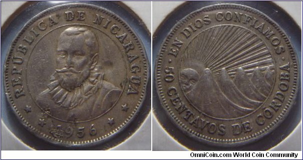 Nicaragua | 
50 Centavos, 1956 | 
26 mm, 7.92 gr. | 
Copper-nickel | 

Obverse: Bust of Francisco Hernández de Córdoba, date below | 
Lettering: ** REPÚBLICA DE NICARAGUA ** 1956 | 

Reverse: Five mountain peaks with setting sun, denomination below | 
Lettering: • EN DIOS CONFIAMOS • 50 CENTAVOS DE CÓRDOBA |