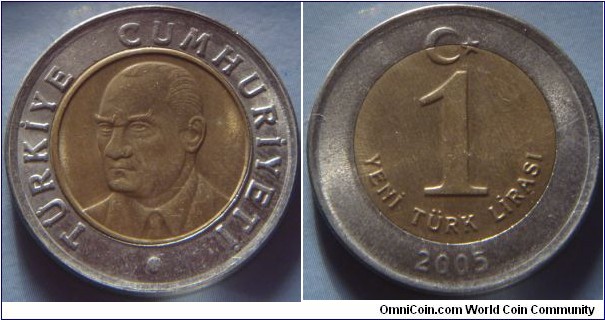 Turkey | 
1 New Lira, 2005 | 
26.02 mm, 8.52 gr. | 
Bi-metallic: Nickel-bronze centre in Copper-nickel-zinc ring | 

Obverse: Mustafa Kemal Atatürk facing left within circle | 
Lettering: TÜRKİYE CUMHURİYETİ • | 

Reverse: Denomination centre, crescent moon and star above, date below | 
Lettering: 1 YENİ TÜRK LİRASI 2005 |