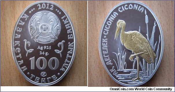 100 Tenge - White stork - 24 g Ag .925 Proof (partially gilded) - mintage 15,000