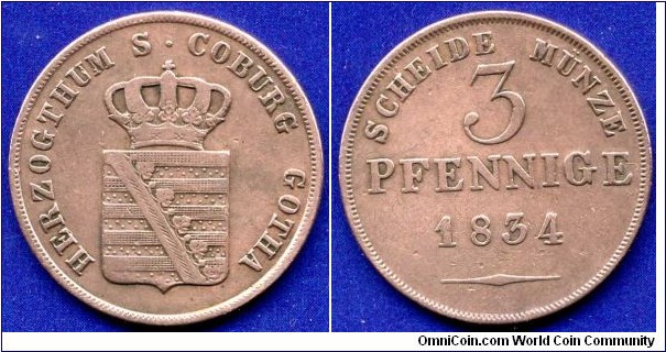 3 pfennige.
Herzogthum Sachsen-Coburg-Gotha.
Ernst I (1806-1844).


Cu.