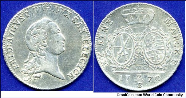 2/3 Thaler (Gulden).
Sachsen Kurfürstentum.
Friedrich August III (1768-1806).
Dresden mint, EDC - Ernst Dietrich Croll, work in 1763-78.


Ag833f. 14,03gr.