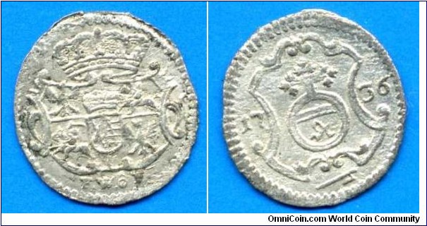 1 pfennig.
Polish-Saxon union.
Friedrich August II (1733-1763).
Dresden mint, FwoF - Frietrich Wilhelm o Feral, work in 1734-63.


Bilon.