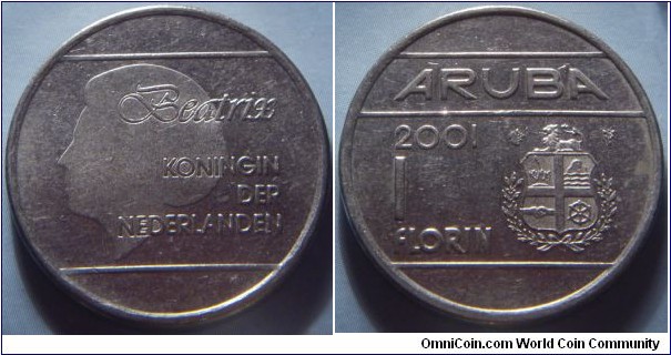 Aruba | 
1 Florin, 2001 | 
26 mm, 8.5 gr. | 
Nickel bonded Steel | 

Obverse: Queen Beatrix facing left | 
Lettering: BEATRIX KONINGIN DER NEDERLANDEN | 

Reverse: Year and denomination left, National Coat of Arms right | 
Lettering: 2001 ARUBA 1 FLORIN |