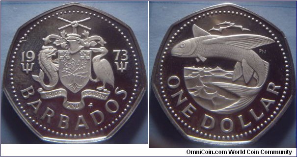 Barbados | 
1 Dollar, 1973 | 
27.8 mm, 9.8 gr. | 
Copper-nickel | 

Obverse: National Coat of Arms divide date | 
Lettering: 1973 BARBADOS | 

Reverse: Flying fish, denomination written below | 
Lettering: ONE DOLLAR |