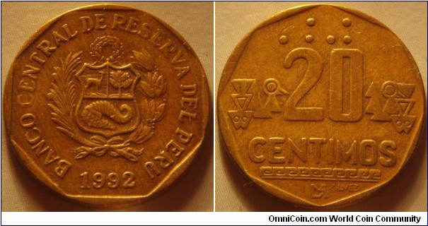 Peru | 
20 Céntimos, 1992 | 
23 mm, 4.53 gr. | 
Brass | 

Obverse: National Coat of Arms, date below | 
Lettering: BANCO CENTRAL DE RESERVA DEL PERÚ 1992 | 

Reverse: Braille denomination above, letter denomination centre, 