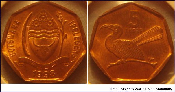 Botswana | 
5 Thebe, 1998 | 
19.79 mm, 2.41 gr. | 
Bronze clad Steel

Obverse: National Coat of Arms, date below | 
Lettering: BOTSWANA IPELEGENG | 

Reverse: Toko bird facing left, denomination above | 
Lettering: 5 THEBE |