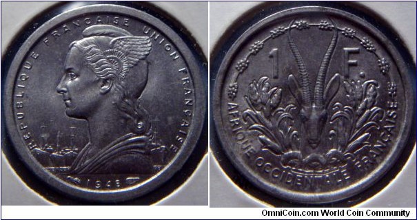 French West Africa |  
1 Franc, 1948 | 
23 mm, 1.3 gr. | 
Aluminium | 

Obverse: Winged female bust left, date below | 
Lettering: REPUBLIQUE FRANÇAISE UNION FRANÇAISE 1948 | 

Reverse: Leptoceros gazelle head and various crops divides denomination | 
Lettering: 1 F. AFRIQUE OCCIDENTALE FRANÇAISE |