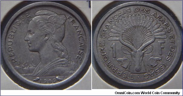 French Afars &  Issas | 
1 Franc, 1969 | 
24 mm, 1.3 gr. | 
Aluminium | 

Obverse: Winged female bust left, date below | 
Lettering: REPUBLIQUE FRANÇAISE 1969 | 

Reverse: Lyre antelope divides denomination | 
Lettering: •TERRITOIRE FRANÇAIS DES AFARS ET DES ISSAS 1 F |