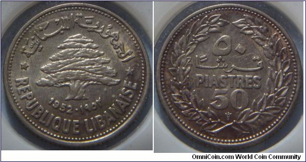 Lebanon | 
50 Piastres, 1952 | 
24 mm, 5 gr. | 
Silver (.600)

Obverse: Cedar tree, date below | 
Lettering: الجمهوريّةاللبنانيّة REPUBLIQUE LIBANAISE 1952•١٩٥٢ | 

Reverse: Denomination in Arabic and French | 
Lettering: ٥٠ قرشا 50 PIASTRES |