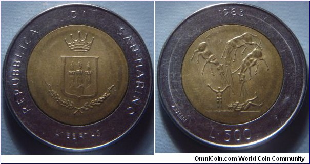 San Marino | 
500 Lire, 1983 (Nuclear War Threat) | 
25.8 mm, 6.8 gr. | 
Bi-Metallic: Aluminium-bronze centre in Stainless Steel ring | 

Obverse: Crowned Coat of Arms| 
Lettering: REPUBBLICA DI SAN•MARINO LIBERTAS | 

Reverse: Depicts the Apocalypse, and the strengthened concept of the tragic destiny which engulfs all humanity, with no way to escape, date above, denomination below | 
Lettering: 1982 L•500 |
