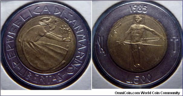 San Marino | 
500 Lire, 1985 (War on Drugs) | 
25.8 mm, 6.8 gr. | 
Bi-Metallic: Aluminium-bronze centre in Stainless Steel ring | 

Obverse: Stylized bending figure within circle | 
Lettering: REPUBBLICA DI SAN MARINO -LIBERTAS- | 

Reverse: Cured addict within circle, date above, denomination below | 
Lettering: 1985 L.500 |