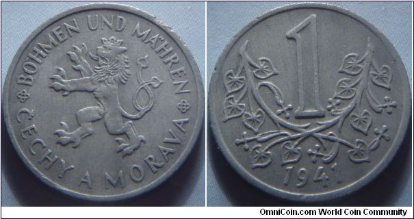 Bohemia and Moravia | 
1 Koruna, 1941| 
23 mm, 4.5 gr. | 
Zinc | 

Obverse: Czech lion | 
Lettering: BÖHMEN UND MÄHREN ČECHY A MORAVA | 

Reverse: Denomination within linden branches, date below | 
Lettering: 1 1941 |