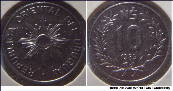Uruguay | 
10 New Pesos, 1989 | 
18 mm, 3 gr. | 
Stainless Steel | 

Obverse: Sun with rays | 
Lettering: • REPUBLICA ORIENTAL DEL URUGUAY | 

Reverse: Denomination, date below | 
Lettering: N$ 10 1989 |