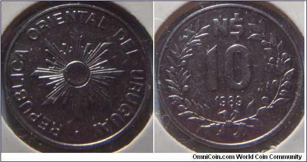 Uruguay | 
10 New Pesos, 1989 | 
18 mm, 3 gr. | 
Stainless Steel | 

Obverse: Sun with rays | 
Lettering: • REPUBLICA ORIENTAL DEL URUGUAY | 

Reverse: Denomination, date below | 
Lettering: N$ 10 1989 |