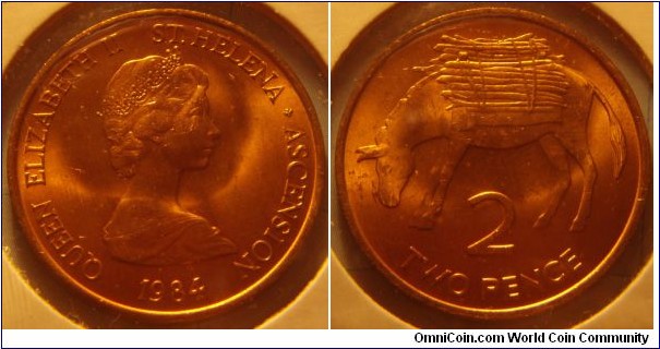 Saint Helena & Ascension | 
2 Pence, 1984 | 
25.91 mm, 7.1 gr. | 
Bronze | 

Obverse: Queen Elizabeth II facing right | 
Lettering: QUEEN ELIZABETH II ST. HELENA ˖ ASCENSION 1984 | 

Reverse: Donkey with firewood, denomination below | 
Lettering: 2 TWO PENCE |