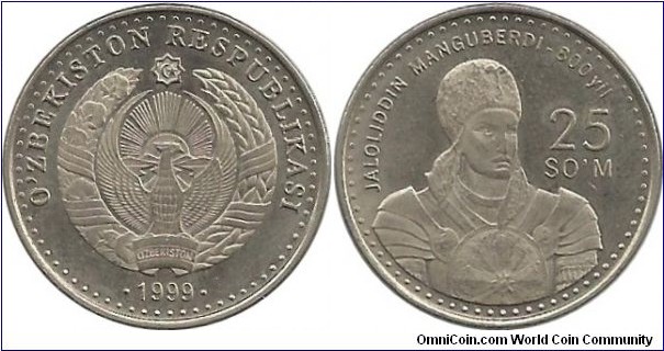 Uzbekistan 25 Som 1999 - 800th Birth Anniversary of Jaloliddin Manguberdi (1198—1231)