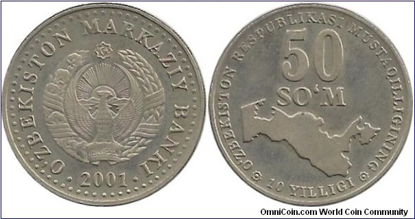 Uzbekistan 50 Som 2001 - 10th Anniversary of Independence