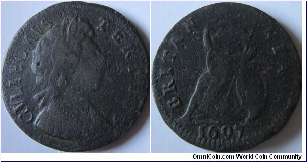 1697 farthing, great detail.