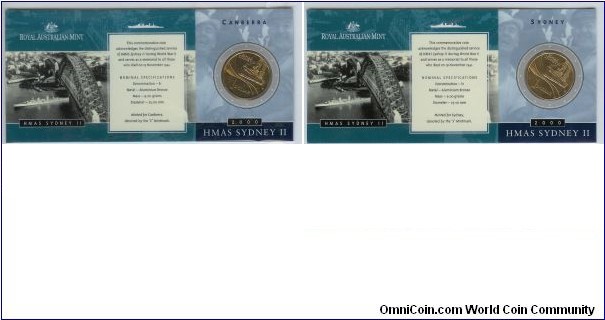 2000 Commemorative $1 - HMAS SYdney - Left is 'C' Mint Mark struck on the mobile press at the Visitor's Centre at the RAM - Right is the 'S' Mint Mark.