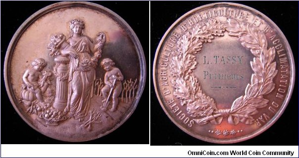 1800 o.j. French Society of Agriculture, Horticulture and Acclimatation inVar Medal by Blondelet . Silver: 52MM./55Gm.
Obv: Ceres goddess of agriculture, holding a Cornucopia and Roses. Lead on an ancient post hanged with a Laurel. Cupid  on both sides. Signed BLONDELET. Rev: Wreath around by legend SOCIETE D'AGRICULTURE, D'HHOTICULTURE ET D'ACCLIMATATION DU VAR.  Awarded to L.TASSY Primeurs.
