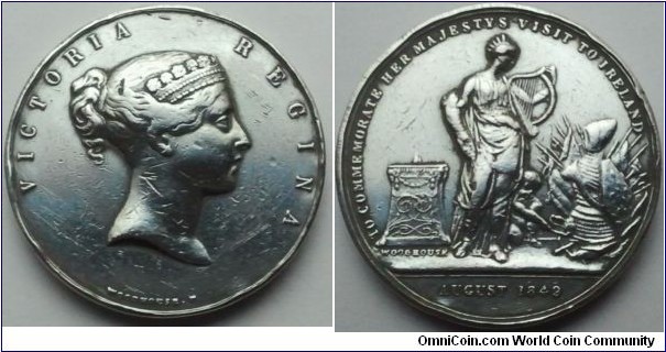 1849 UK Queen Victoria The Royal Visit To Ireland Medal by William Woodhouse. Silver 43MM./36 gm.
Obv: Bust of Queen Victoria to right. Legend VICTORIA REGINA. Signed Woodhouse F. Rev: Female figure of Hibernia standing centre, a child at her feet and a pile of discarded military arms, trophies and standards to right. Legend TO COMMEMORATE HER MAJESTYS VISIT TO IRELAND, AUGUST 1849.
