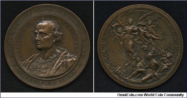 1893 World's Columbian Exposition Milan Medal designed by Lodovico Pagliaghi engraved by Angelo Cappuccio SC &  struck by Stefano Johonson, Milan. Bronze: 59MM 
Obv: Bust of Christopher Columbus, beardless and hatless, to left, in a small circular central panel, his name to either side. Legend: MOMENTO OF THE WORLD'S FAIR CHICAGO, 1893. Rev:  Portays the fruits of 