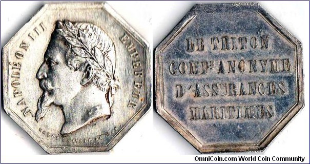 Scarcer silver jeton issued for Le Triton, a French maritime assurer. The obverse portrait is very 3 dimensional and excepionally so for french octagonal jetons. Unfortunately it appears to have been harshly cleaned at some stage