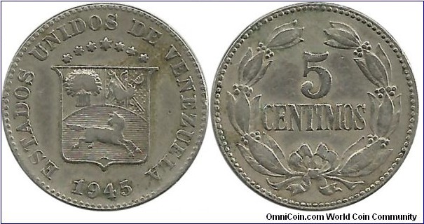 Venezuela-Estados Unidos 5 Centimos 1945