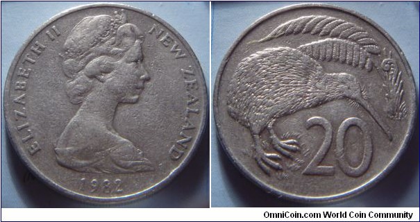 New Zealand |
20 Cents, 1982 |
28.58 mm, 11.31 gr. |
Copper-nickel |

Obverse: Queen Elizabeth II facing right, date below |
Lettering: ELIZABETH II NEW ZEALAND 1982 |

Reverse: Kiwi Bird, denomination below |
Lettering: 20 |