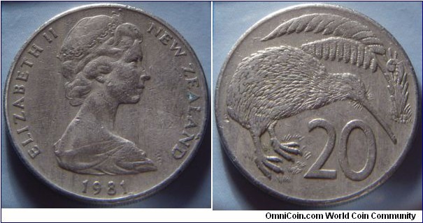 New Zealand |
20 Cents, 1981 |
28.58 mm, 11.31 gr. |
Copper-nickel |

Obverse: Queen Elizabeth II facing right, date below |
Lettering: ELIZABETH II NEW ZEALAND 1981 |

Reverse: Kiwi Bird, denomination below |
Lettering: 20 |