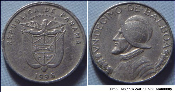 Panama |
10 Centésimo, 1996 |
17.91 mm, 2.27 gr. |
Coper-nickel clad Copper |

Obverse: National Coat of Arms, date below| 
Lettering: REPUBLICA DE PANAMA 1996|

Reverse: Vasco Nuñez de Balboa facing left and laurel branches, denomination above|
Lettering: VN•DECIMO•DE•BALBOA |