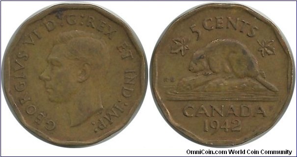 Canada 5 Cents 1942-tombac