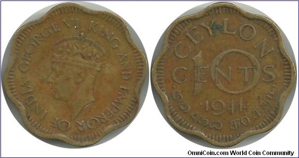Ceylon 10 Cents 1944