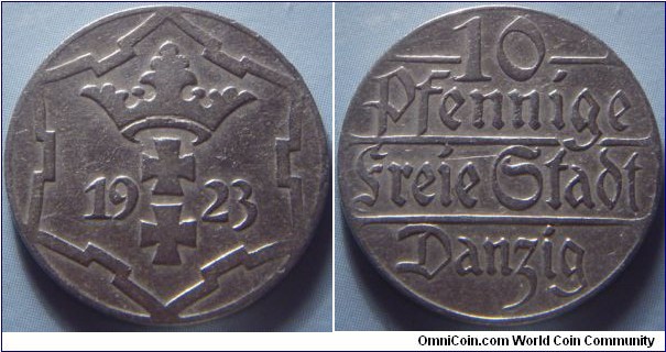 Danzig | 10 Pfennige, 1923 | 21.5 mm, 4 gr. | Copper-Nickel | Obverse: Coat of Arms divide date within snowflake design | Lettering: 1923 | Reverse: Denomination | Lettering: 10 Pfennige Freie Stadt Danzig |