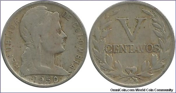 Colombia V Centavos 1950B