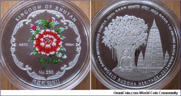 250 Ngultrum - Mahabodhi temple - 31.1 g Ag .999 Proof - mintage 10,000