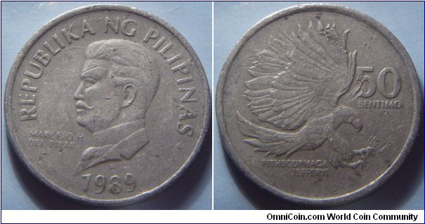 Philippines | 
50 Sentimo, 1989| 
25 mm, 6 gr. | 
Copper-nickel | 

Obverse: Marcelo H. Delpilar facing left, date below | 
Lettering: REPUBLIKA NG PILIPINAS MARCEL H. DELPILAR 1989 | 

Reverse: Pithecophaga (monkey-eating eagle) at attacking, denomination right | 
Lettering: 50 SENTIMO PITHECOPHAGA JEFFERYI |